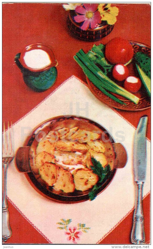 Capelin with potatoes - tomato - Ocean Gifts - dishes - cuisine - 1981 - Russia USSR - unused - JH Postcards
