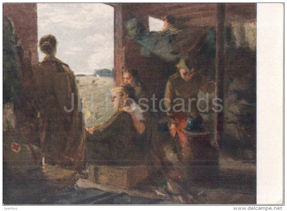 painting by A. Karyakin - Nurses on the Front - wagon - russian art  - unused - JH Postcards