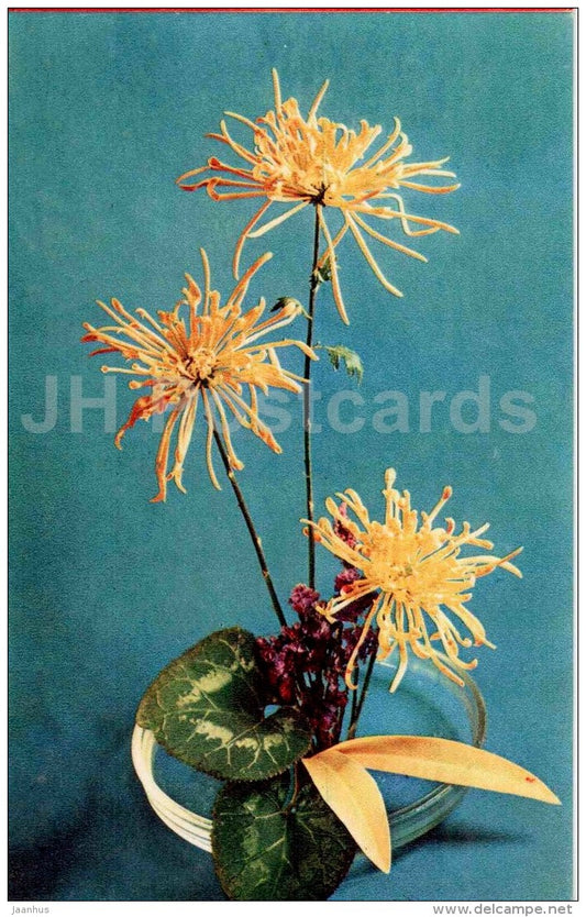 yellow flowers - ikebana - flower composition - Decorative Bouquets - 1969 - Russia USSR - unused - JH Postcards