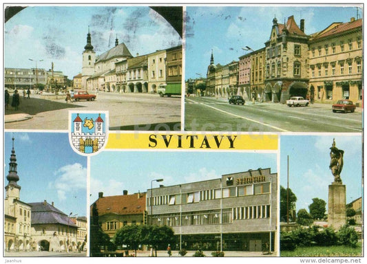 Svitavy - Peace square - monument to red army - dog stamp - Czechoslovakia - Czech - used 1975 - JH Postcards