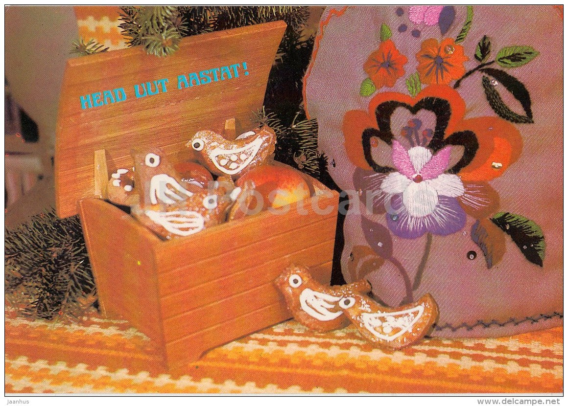 New Year Greeting card - 2 - Gingerbread - locker - stationery - 1986 - Estonia USSR - used - JH Postcards