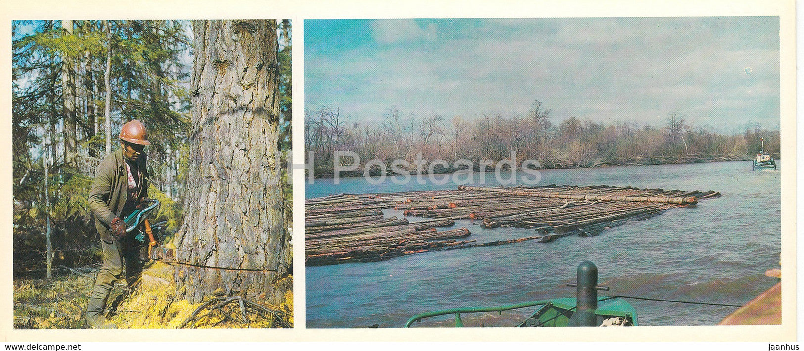 Kamchatka - rafting on the Kamchatka river - forester - chainsaw - 1981 - Russia USSR - unused - JH Postcards