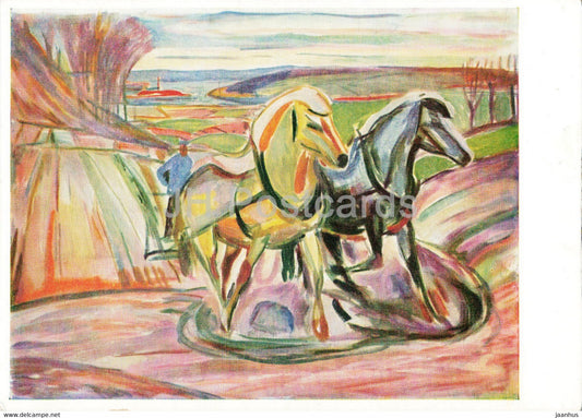 painting by Edvard Munch - Spring Ploughing - Fruhlingspflugen - horse - 1 - Norwegian art - Norway - unused - JH Postcards