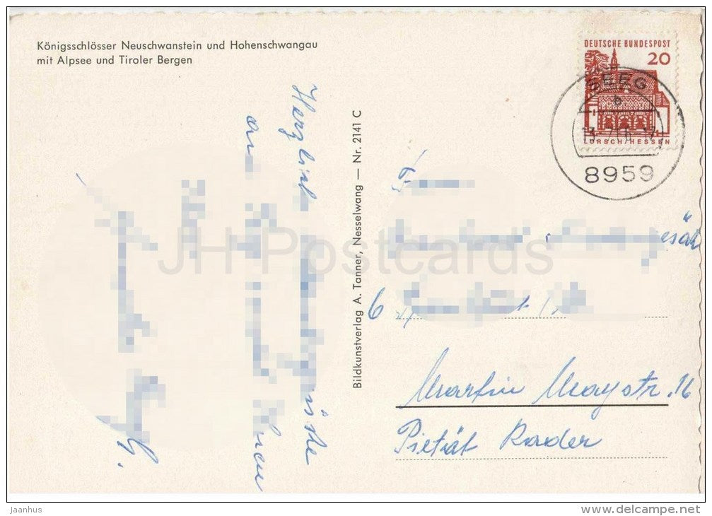 Königsschlösser Neuschwanstein und Hohenschwangau mit Alpensee und Tiroler Bergen - Germany - 1966 gelaufen - JH Postcards