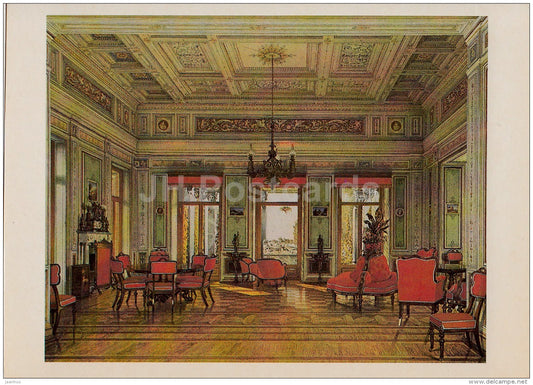 painting by K. Ukhtomsky - Interior of pink pavilion on an island in Olgin Peterhof , 1853 - 1986 - Russia USSR - unused - JH Postcards