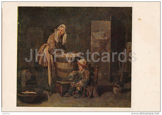 painting by Jean-Baptiste-Simeon Chardin - Laundress - woman - boy - cat - French art - 1954 - Russia USSR - unused - JH Postcards