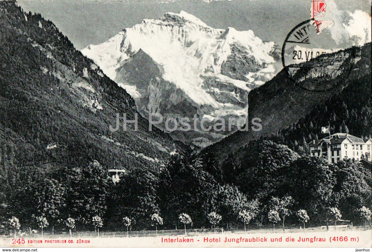 Interlaken - Hotel Jungfraublick und die Jungfrau 4166 m - 245 - old postcard - 1907 - Switzerland - used - JH Postcards