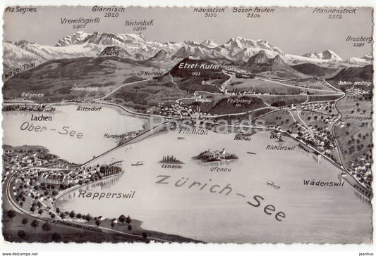 Zurich-see - Ober-see - Rapperswil - Wadenswil - Pfaffikon - map - 1 - 4430 - Switzerland - old postcard - unused - JH Postcards
