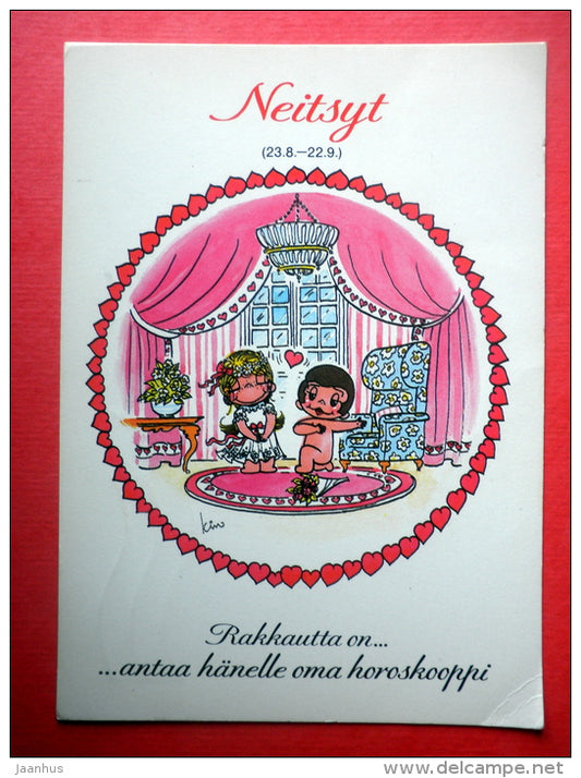 illustration - zodiac sign - virgo - virgin - girl and boy - Finland - sent from Finland Turku to Estonia USSR 1983 - JH Postcards