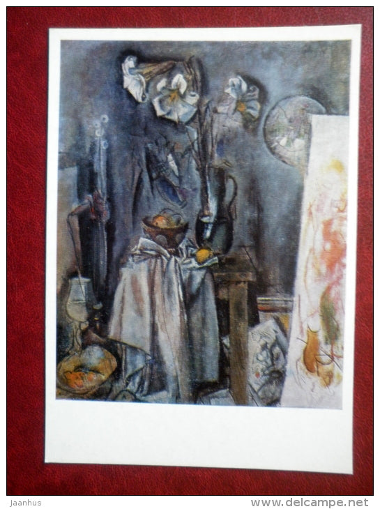 painting by Evsey Moiseenko - Still Life with Lily - russian art - unused - JH Postcards