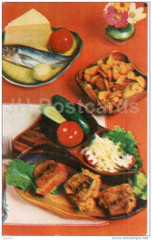 mackerel with cheese - tomato - fish - Ocean Gifts - dishes - cuisine - 1981 - Russia USSR - unused - JH Postcards