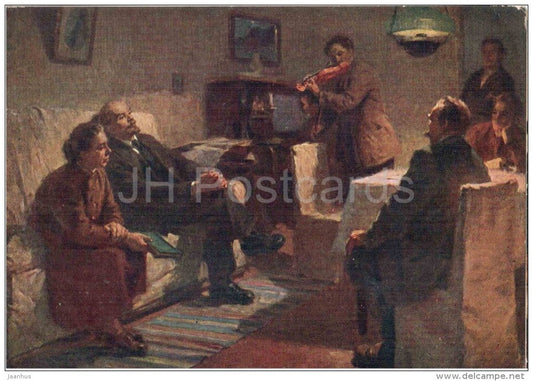 painting by I. Tartakovsky - In the hour of rest - violin - music - Lenin - russian art - unused - JH Postcards