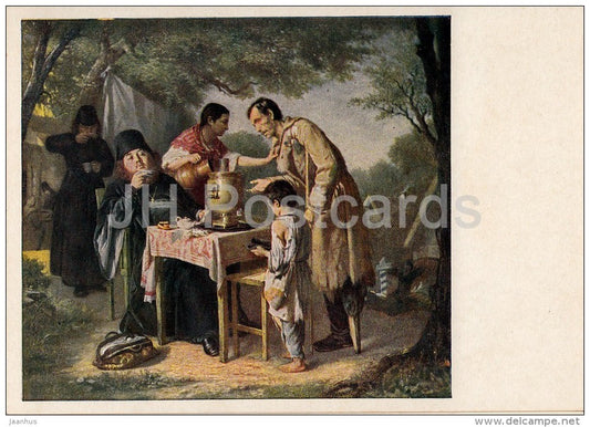 painting by V. Perov - Tea at Mytishchi near Moscow , 1862 - samovar - Russian art - 1954 - Russia USSR - unused - JH Postcards