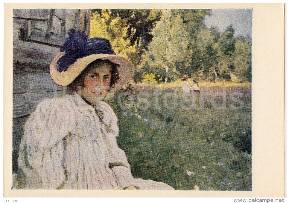 painting by V. Serov - In the Summer (Artist´s Wife) , 1895 - hat - Russian art - 1961 - Russia USSR - unused - JH Postcards