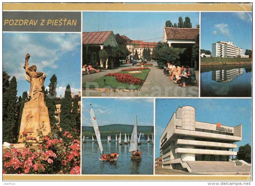 Piestany - SNP monument - Napoleon spa - Slnava - sailing boat - Czechoslovakia - Slovakia - used 1985 - JH Postcards