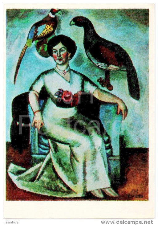 painting by I. Mashkov - Portrait of a Lady with Pheasants - birds - russian art - used - JH Postcards