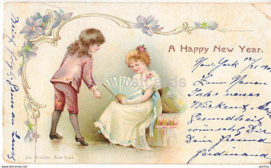 New Year Greeting Card - A Happy New Year - young couple - illustration - Jos Koehler - old postcard - 1901 - USA - used - JH Postcards