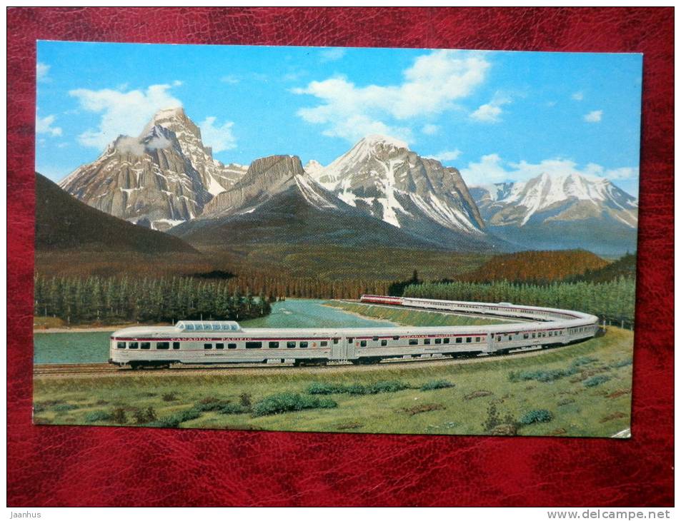 Canadian Pacific&acute;s All Stainless Steel Scenic Dome Streamliner - train - Bow River, Temple Mountain - Canada - use - JH Postcards
