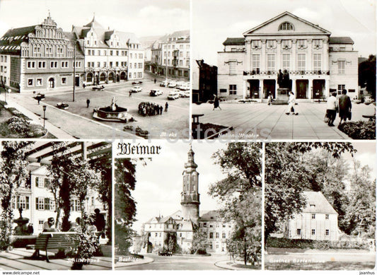Weimar - Markt - Nationaltheater - Schillerhaus - Bastille - Goethes Gartenhaus - theatre - Germany DDR - used - JH Postcards