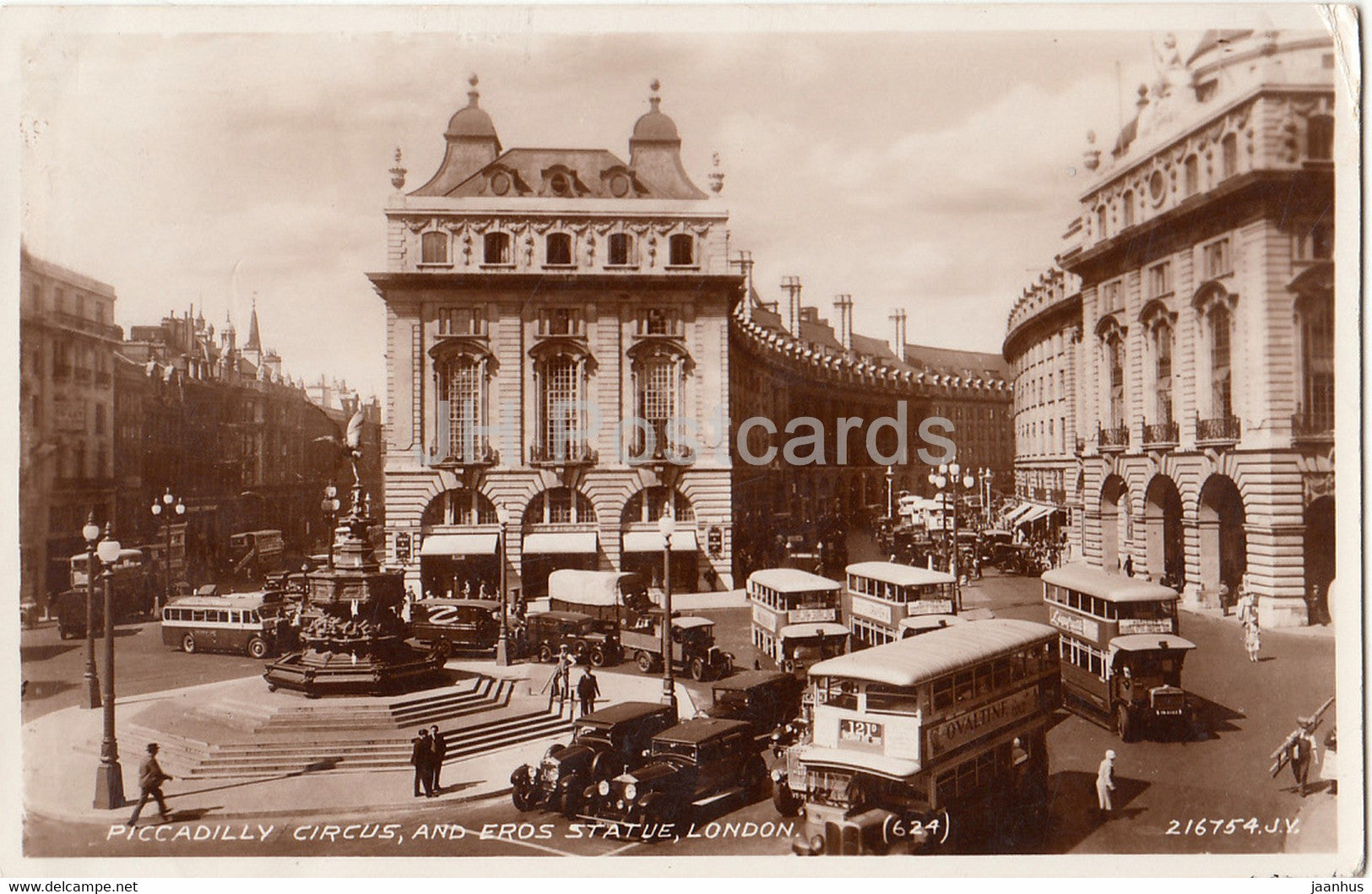 London - Piccadilly Circus and Eros Statue - car - bus - 624 - old postcard - 1934 - England - United Kingdom - used - JH Postcards