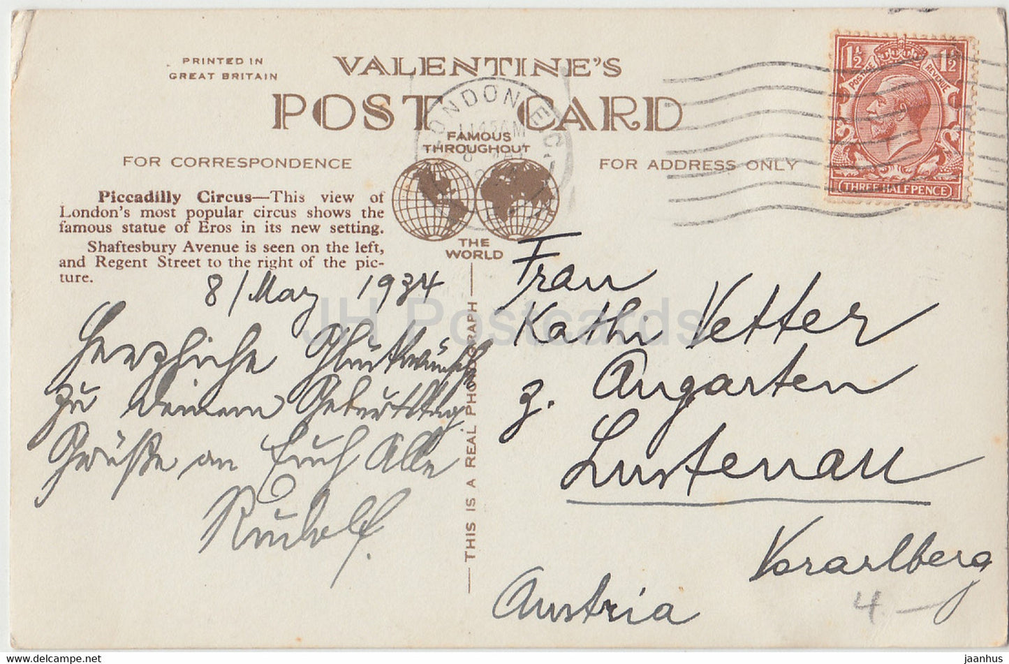 London – Piccadilly Circus und Eros Statue – Auto – Bus – 624 – alte Postkarte – 1934 – England – Vereinigtes Königreich – gebraucht