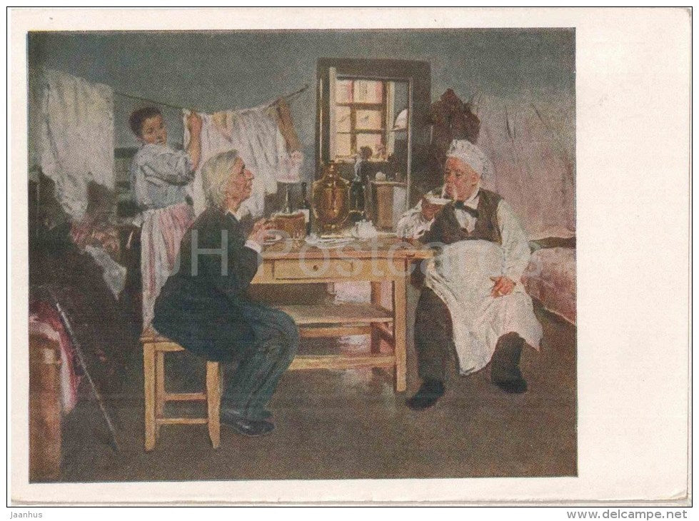 painting by V. Makovsky - The Converstaion between practical idealist and theoretical materialist - russian art - unused - JH Postcards