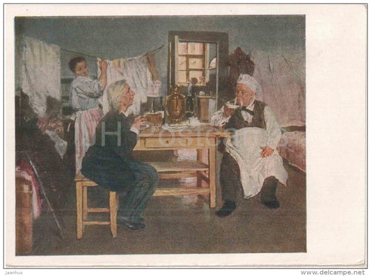 painting by V. Makovsky - The Converstaion between practical idealist and theoretical materialist - russian art - unused - JH Postcards