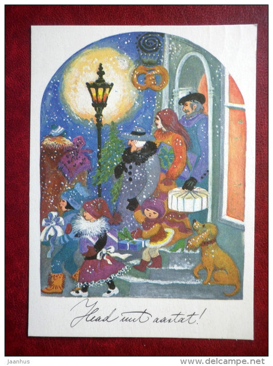 New Year Greeting card - illustration by E. Tikerpäe - dog - family - bakery - 1987 - Estonia USSR - used - JH Postcards