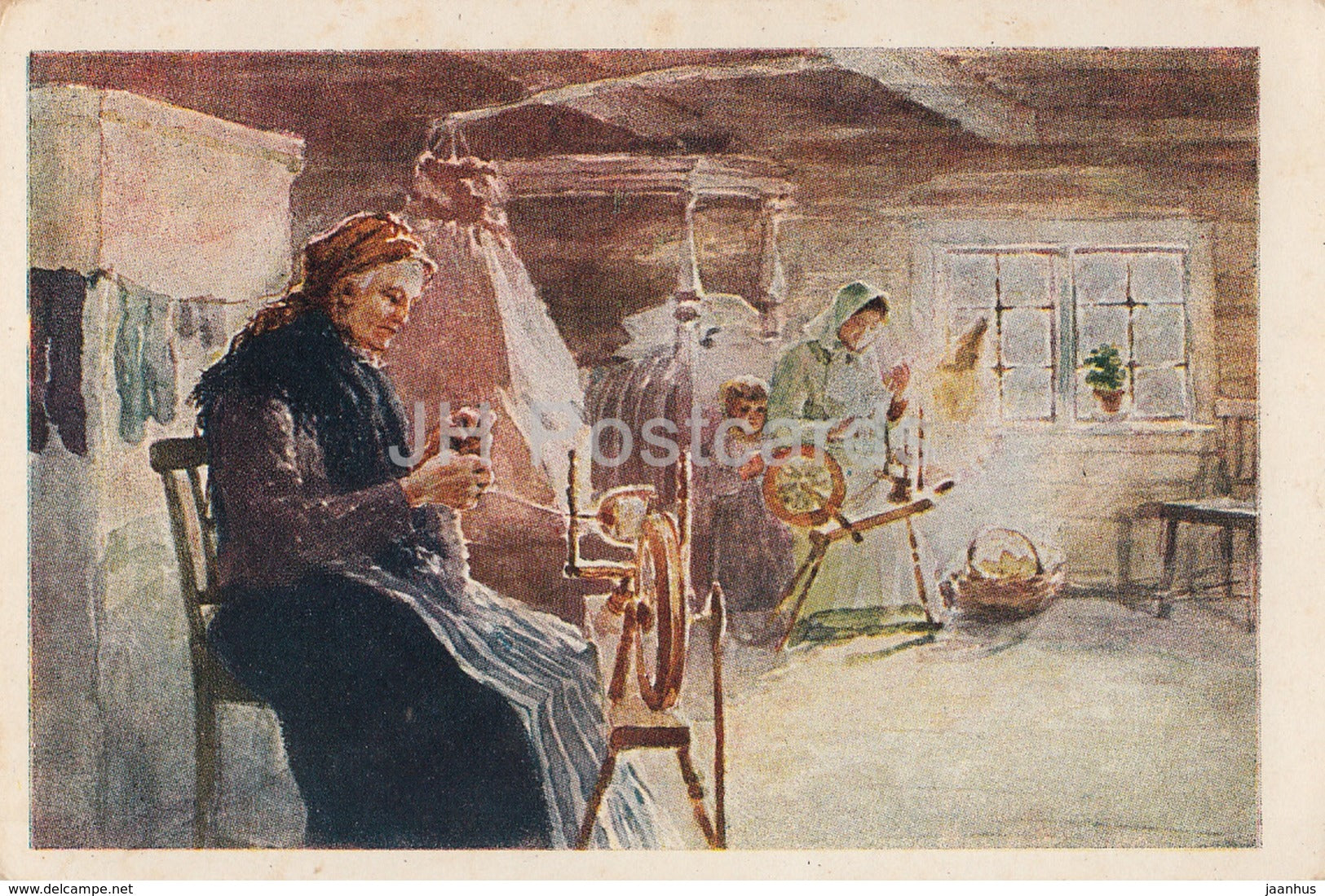 painting by J. Valters - Spinner - Spinning Wheel - Latvian art - Latvia USSR - used - JH Postcards