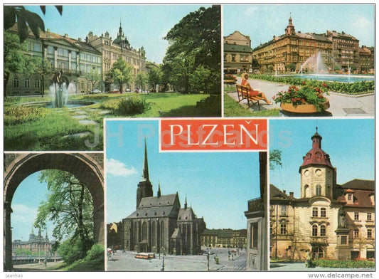 church - cathedral - bus - architecture - Plzen - Czechoslovakia - Czech - unused - JH Postcards