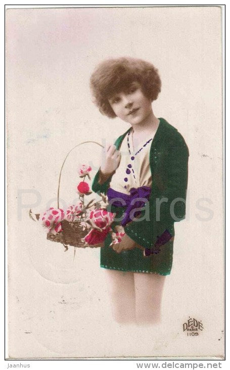 child with flower basket - Dede Paris 1109 - circulated in Estonia 1937 Põltsamaa - JH Postcards