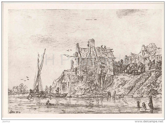drawing by Jan van Goyen - Scene on the shore , 1650 - dutch art - unused - JH Postcards