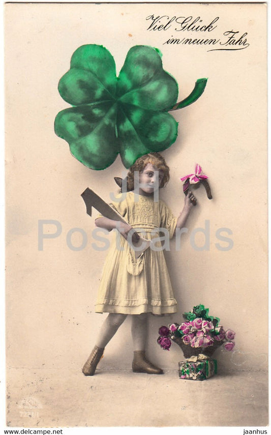 New Year Greeting Card - Viel Gluck im Neuen Jahr - girl - flowers - old postcard - 1920 - Germany - used - JH Postcards