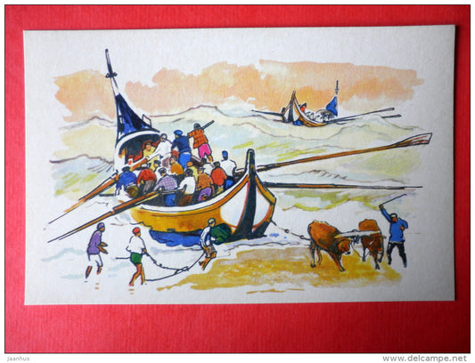illustration by P. Pavlinov - Portuguese longboat - Portugal - Boats of the World - 1971 - Russia USSR - unused - JH Postcards