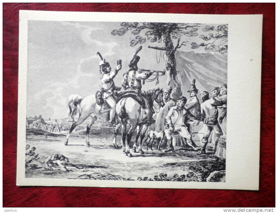 Painting by A.O. Orlowski - bivouac of Polish soldiers - art - postcard printed in 1959 - Russia - USSR - unused - JH Postcards