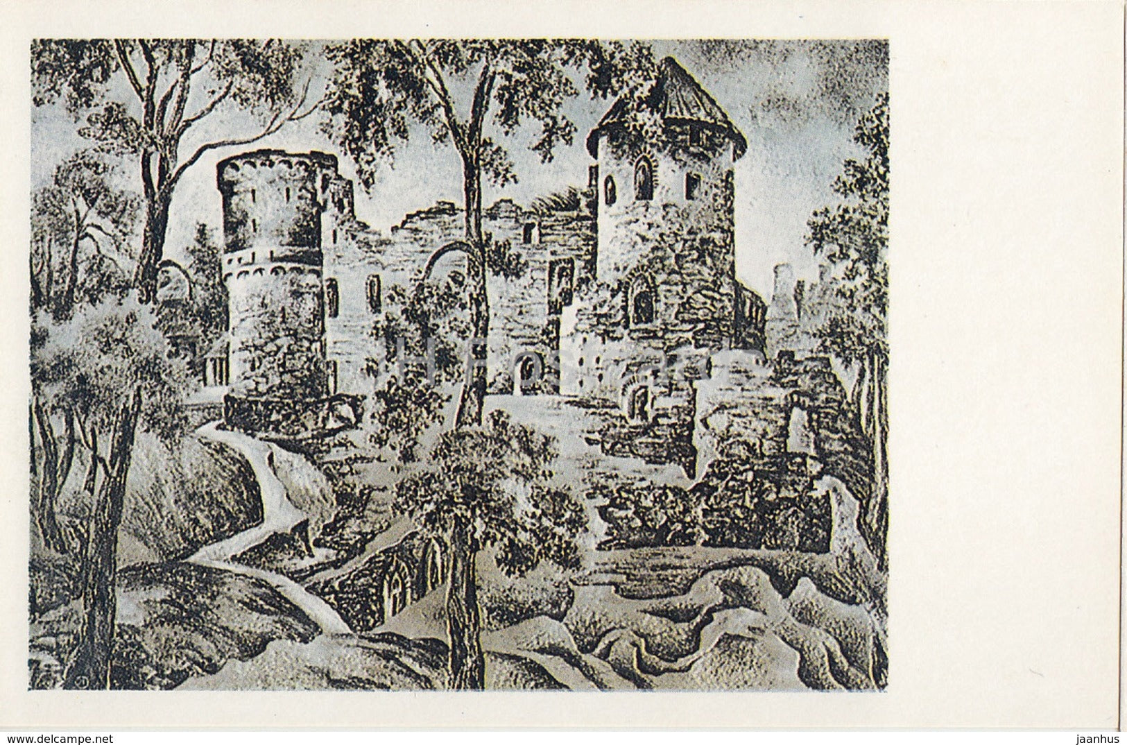 Lithography by R. Opmane - The Castle ruins in Cesis - latvian art - Gauja National Park - 1982 - Latvia USSR - unused - JH Postcards