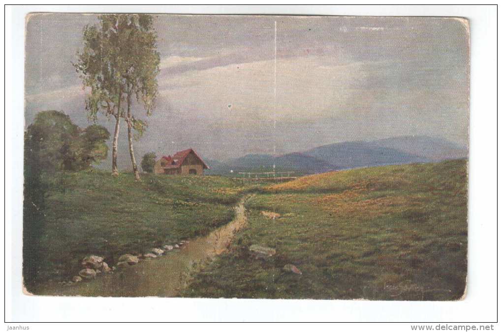 House - Creek - birches - signed - A. R. & C. i. B. - 1110  2/6 - old postcard - unused - JH Postcards