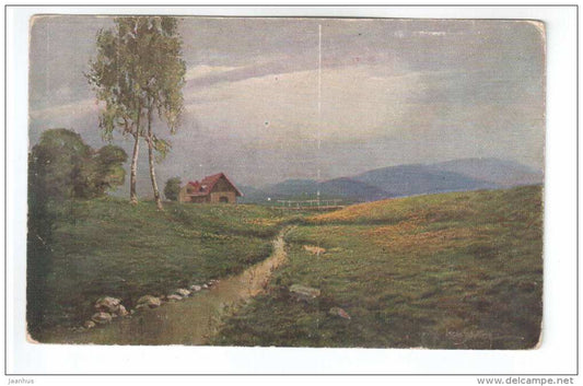 House - Creek - birches - signed - A. R. & C. i. B. - 1110  2/6 - old postcard - unused - JH Postcards