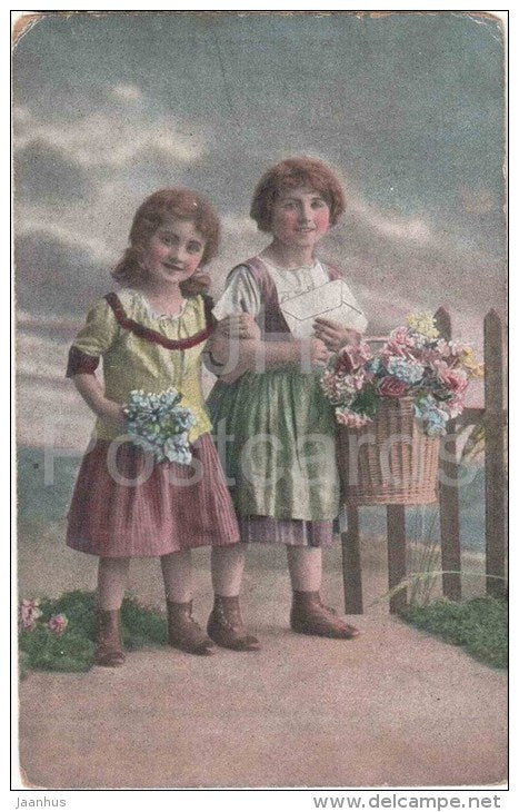 girls with flower basket - letter - Platinovo 4195 - circulated in Imperial Russia Estonia 1900s - JH Postcards