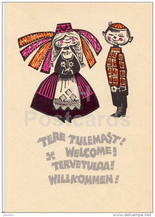 illustration by A. Vender - Welcome! - boy and girl - folk costumes - 1967 - Estonia USSR - unused - JH Postcards