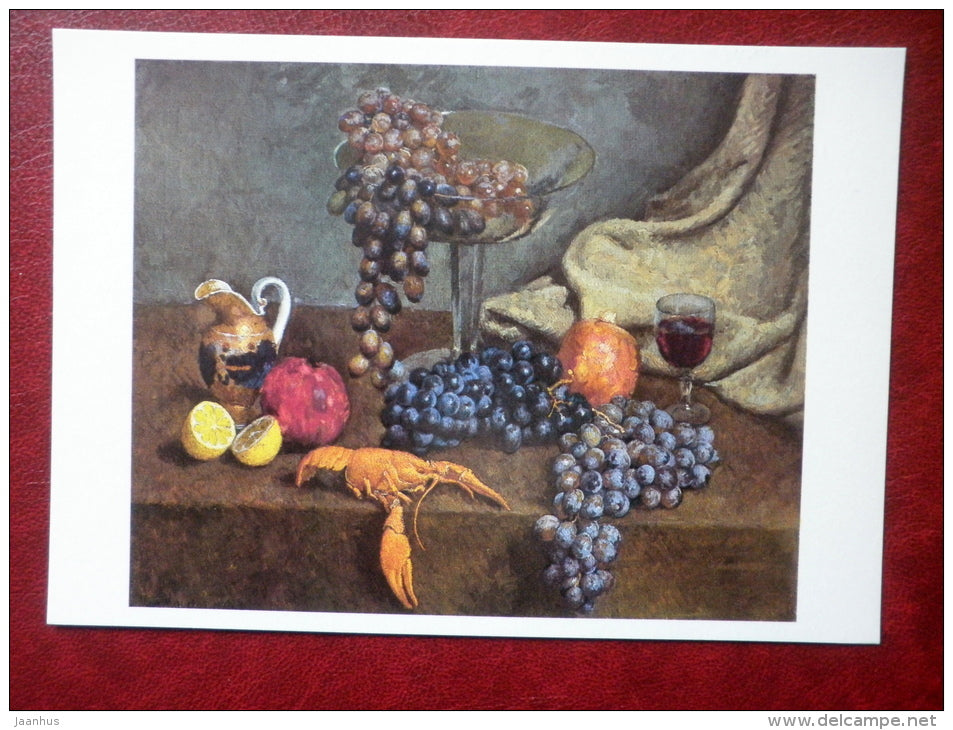 painting by Ilya Mashkov , Still Life . Grape , Lemon - Lobster , 1924 - wine - apple - russian art - unused - JH Postcards