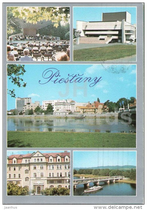 Piestany - concert - bridge - passenger boat - river - architecture - Czechoslovakia - Slovakia - used 1985 - JH Postcards