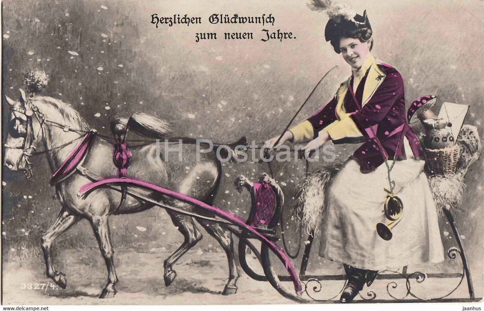 New Year Greeting Card - Herzlichen Gluckwunsch zum Neuen Jahre - horse sledge - old postcard - 1907 - Germany - used - JH Postcards
