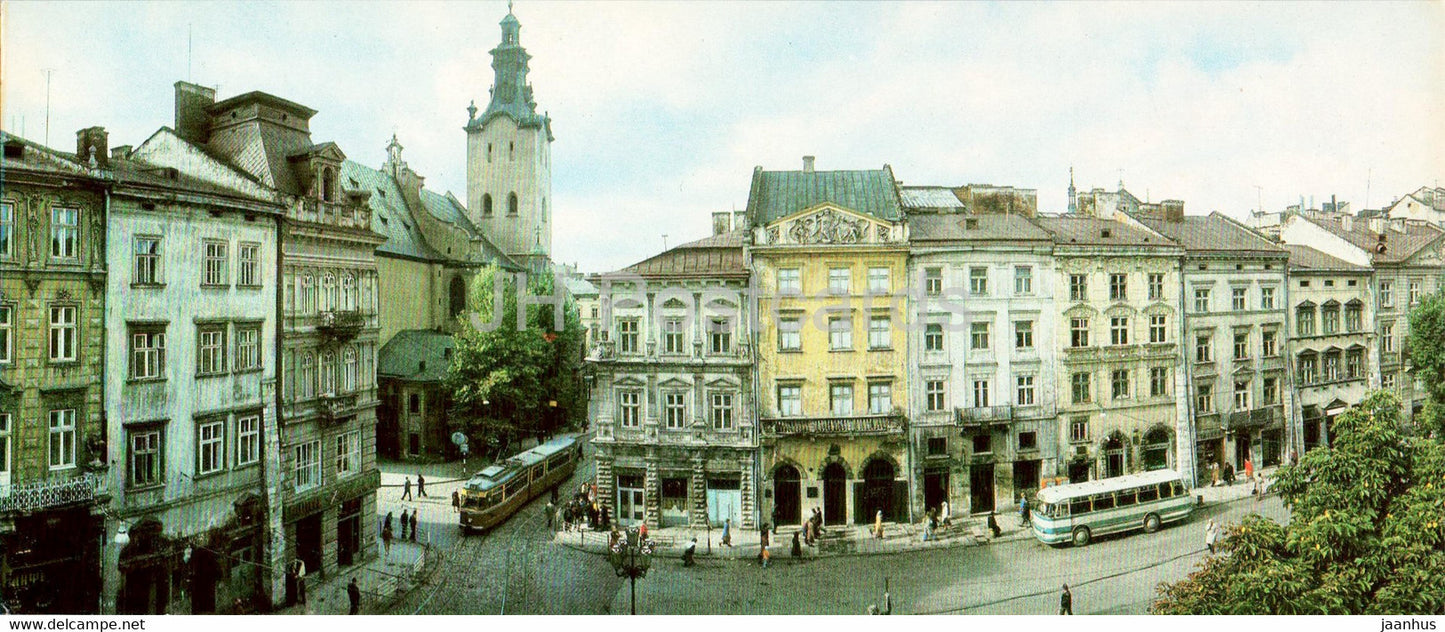 Lviv - Lvov - corner of Market Square - tram - bus - 1985 - Ukraine USSR - unused - JH Postcards