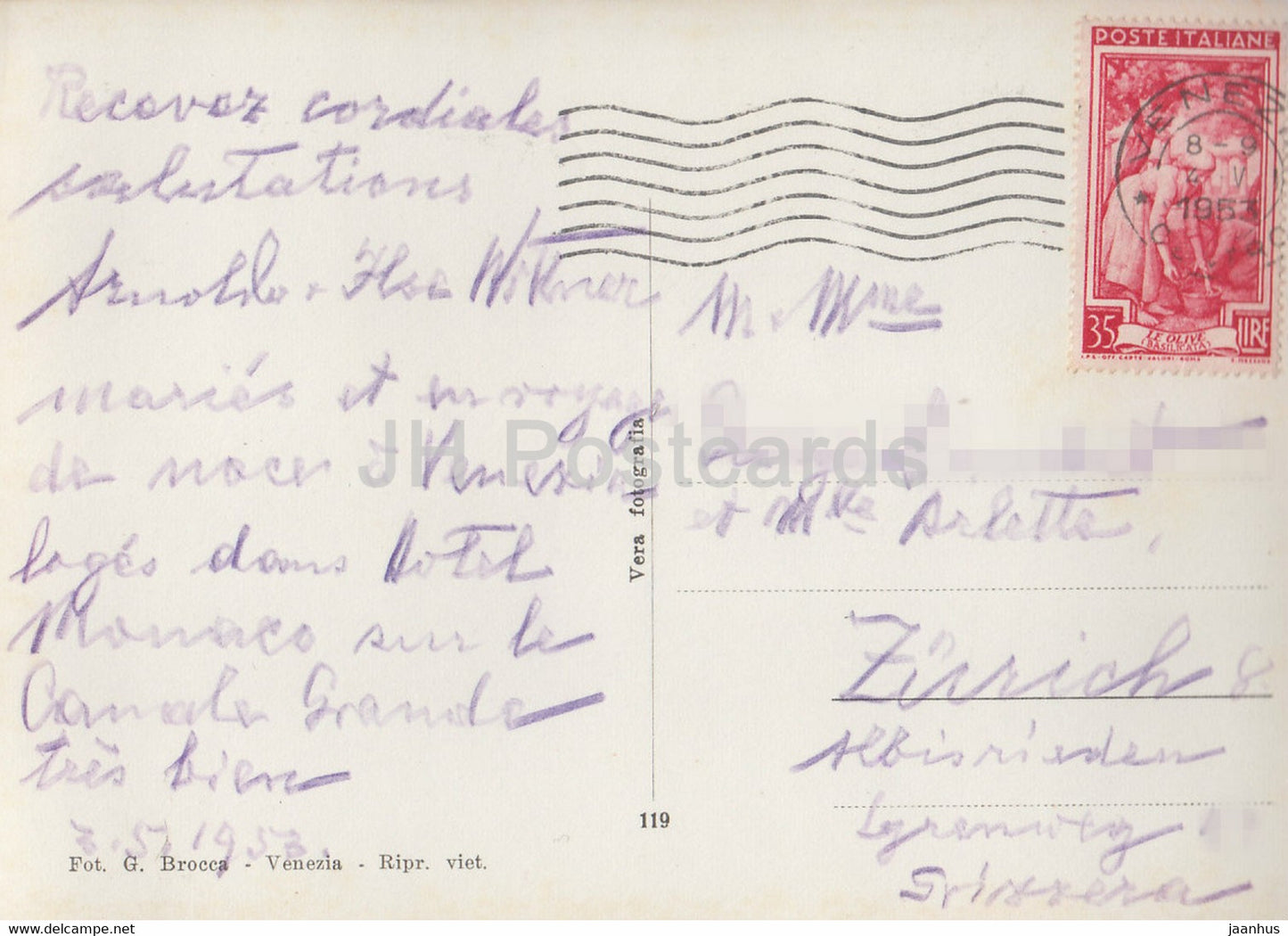 Venezia - Venice - Panorama - hotel Monaco e Grand Canal - old postcard - 1953 - Italy - used