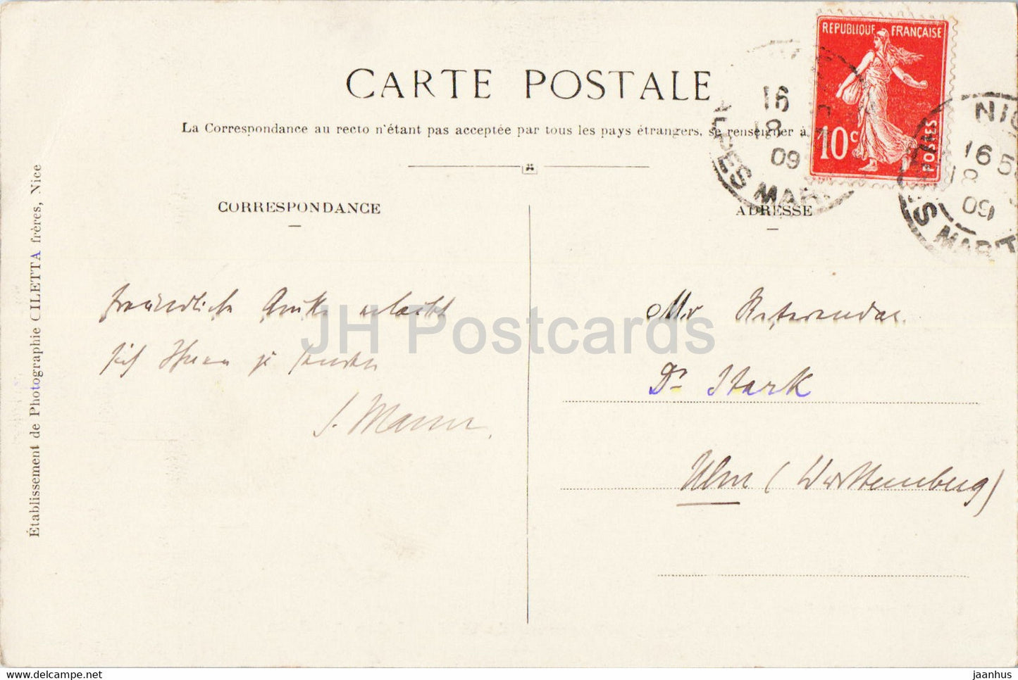 Nice - Promenade et Hotel des Anglais - 199 - old postcard - 1909 - France - used