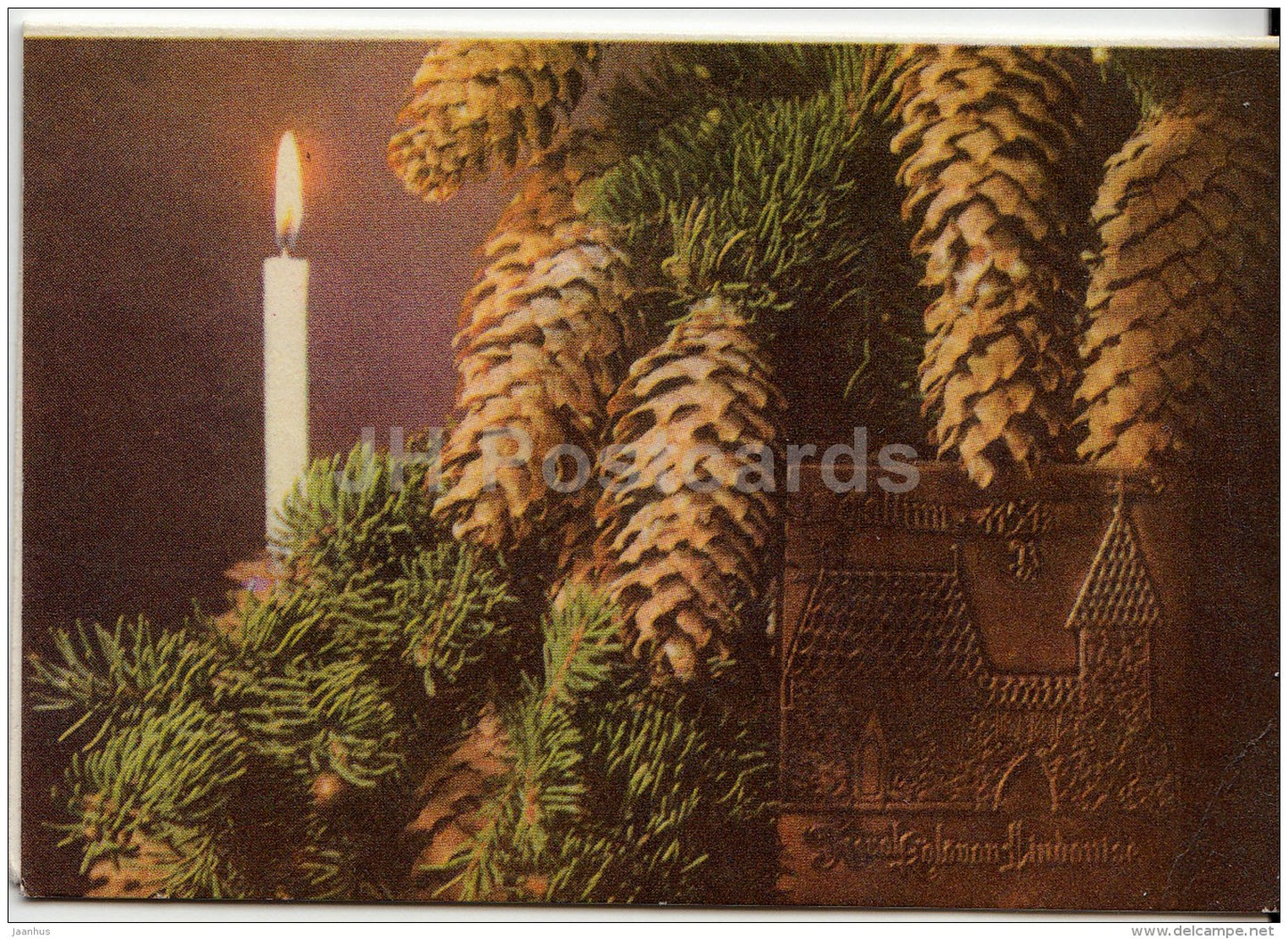 mini New Year greeting card - candle - fir cones - 1971 - Estonia USSR - unused - JH Postcards