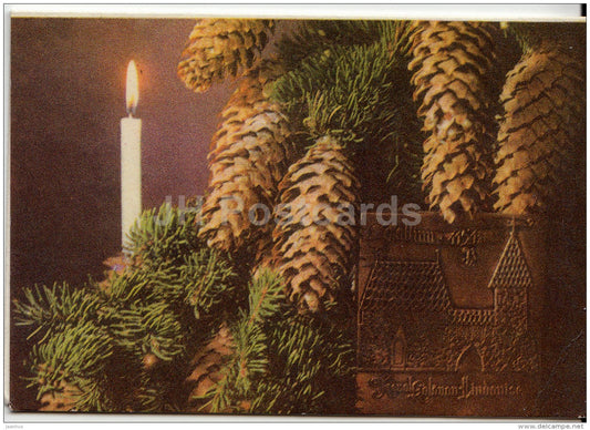 mini New Year greeting card - candle - fir cones - 1971 - Estonia USSR - unused - JH Postcards