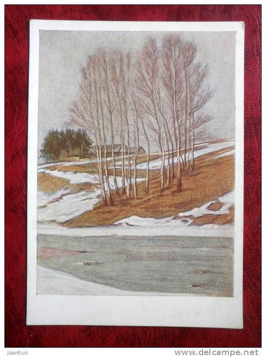 Engraving by I. Sokolov - birches - nature - russian art - unused - JH Postcards