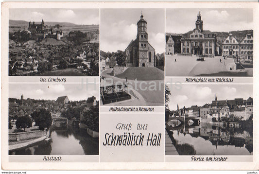 Gruss aus Schwabisch Hall - Michaelskirche u Brunnen - Die Comburg - Altstadt - old postcard - Germany - unused - JH Postcards